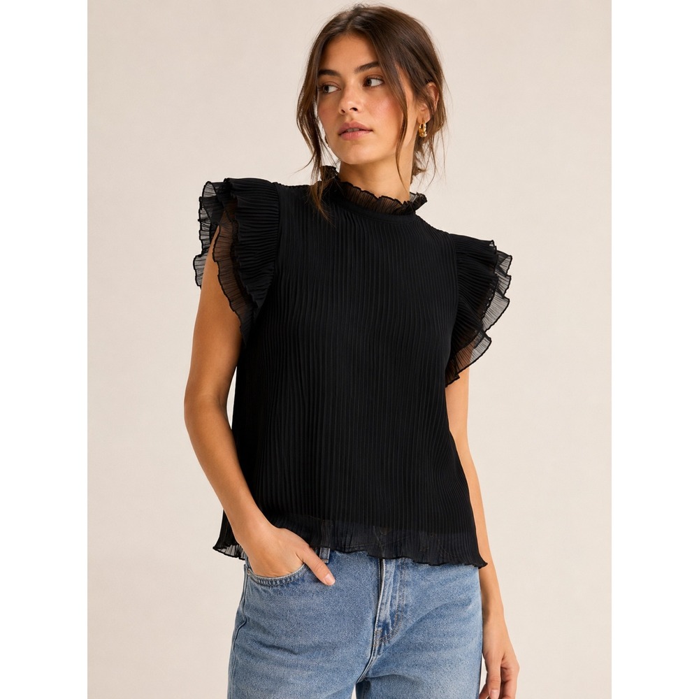 Anthropologie Black Pleated Ruffle Neck Flutter Sleeve Blouse Top XS OB991687